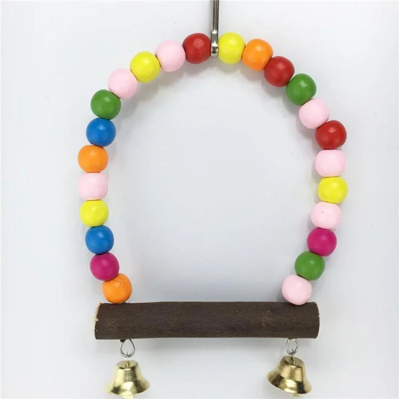 1PC Natural Wooden Parrots Swing Toy Birds Colorful Beads Bird Supplies Bells Toys Perch Hanging Swings Cage for Pets