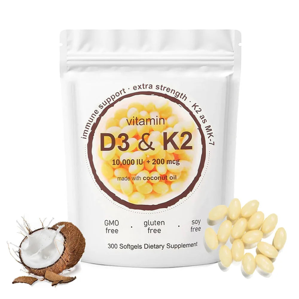180/300 Vitamin D3 K2 Softgel Supplement with Coconut Oil - 2-in-1 Vitamins D & K Complex | Extra Strength, Easy to Swallow