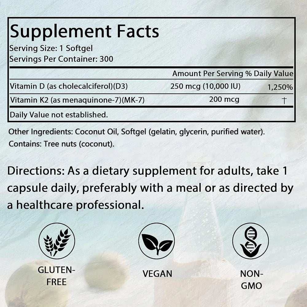 180/300 Vitamin D3 K2 Softgel Supplement with Coconut Oil - 2-in-1 Vitamins D & K Complex | Extra Strength, Easy to Swallow