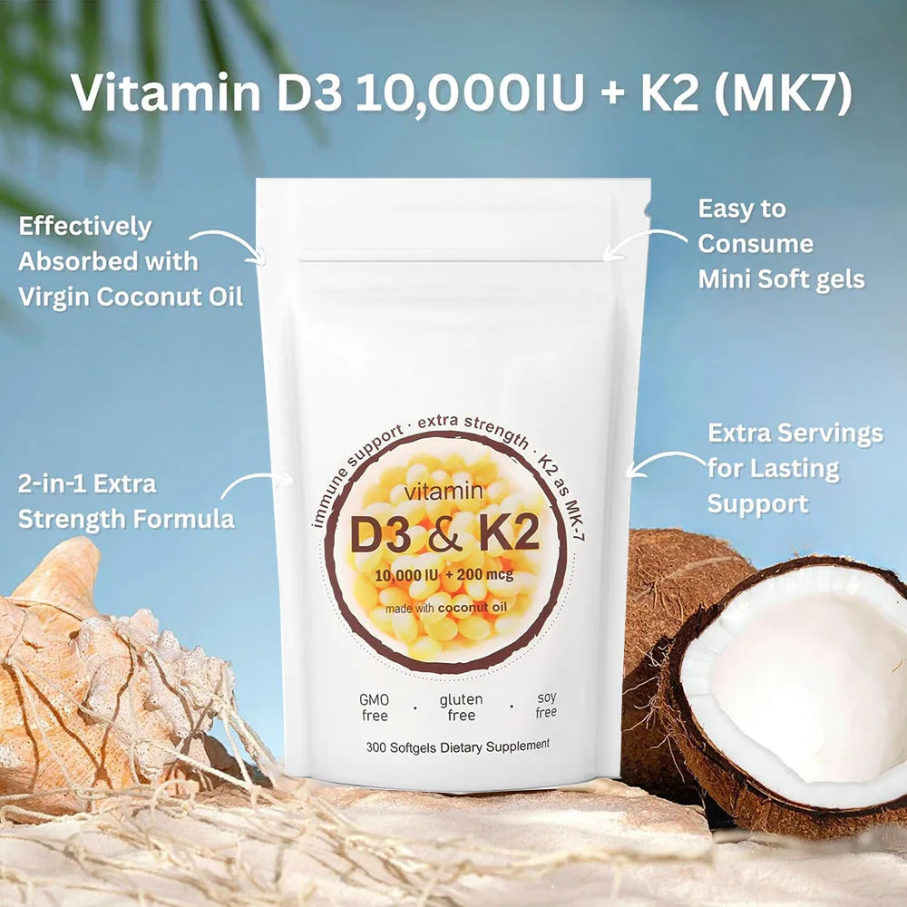 180/300 Vitamin D3 K2 Softgel Supplement with Coconut Oil - 2-in-1 Vitamins D & K Complex | Extra Strength, Easy to Swallow